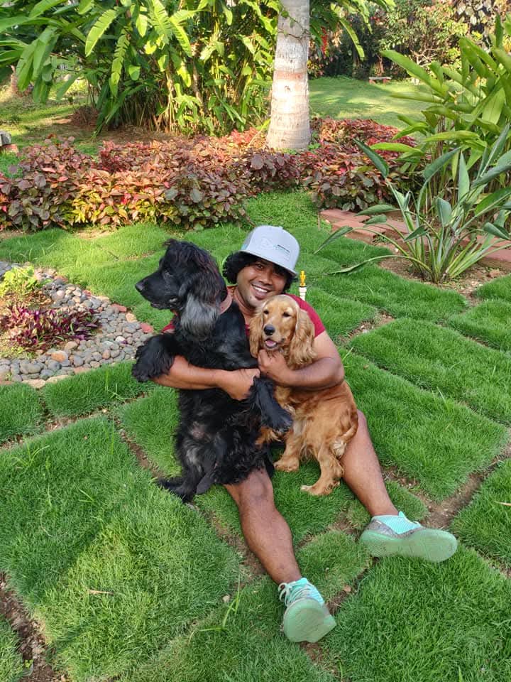 Person sitting with two dogs